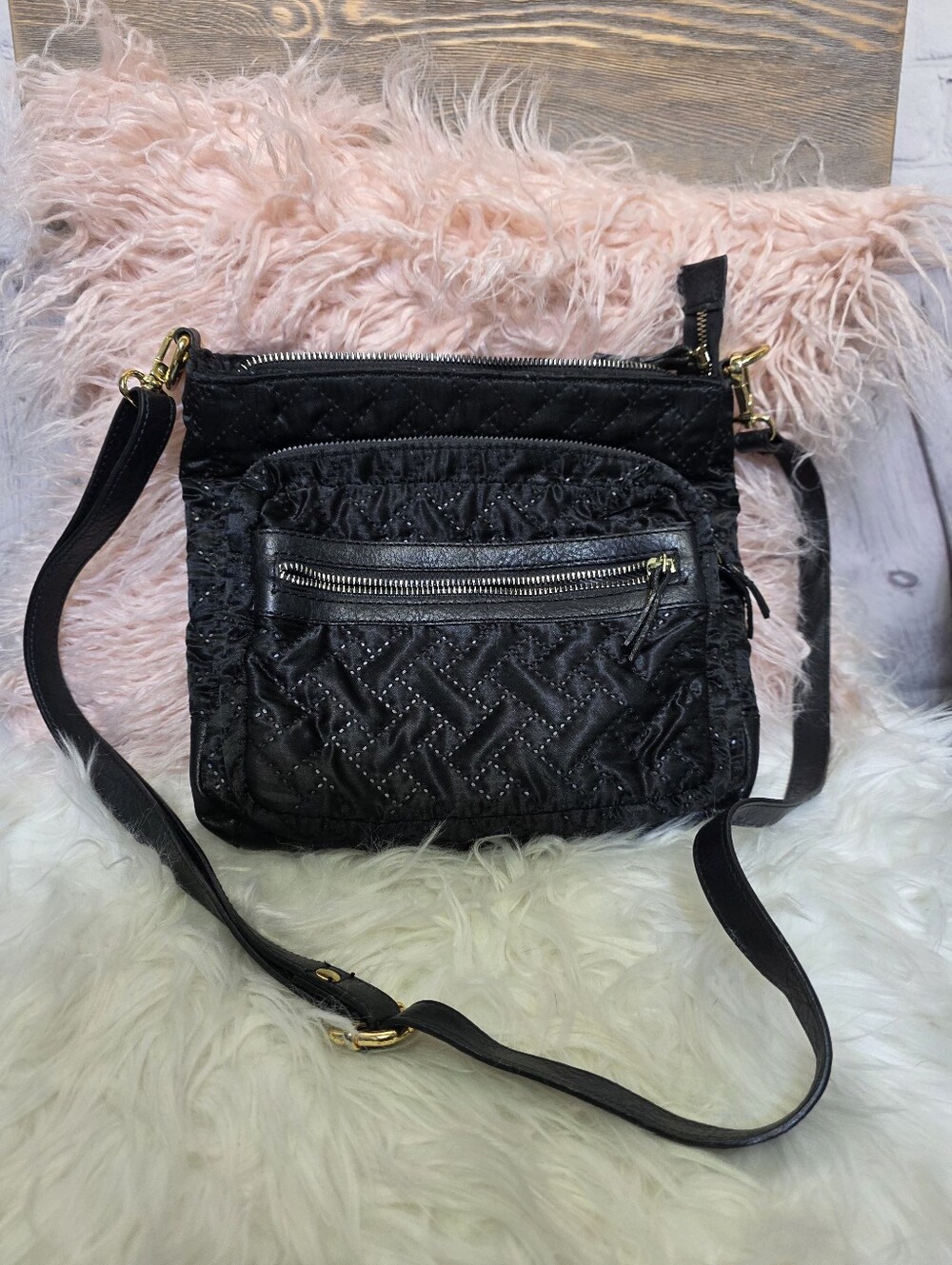 Mona B Quilted Black Crossbody Bag with Front Zip Pocket